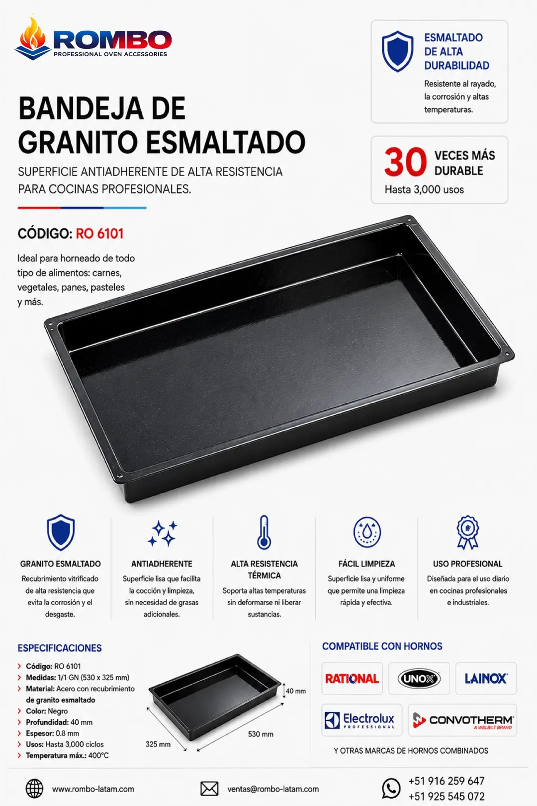 Ficha completa Bandeja de Granito Esmaltado RO6101 Rombo Latam