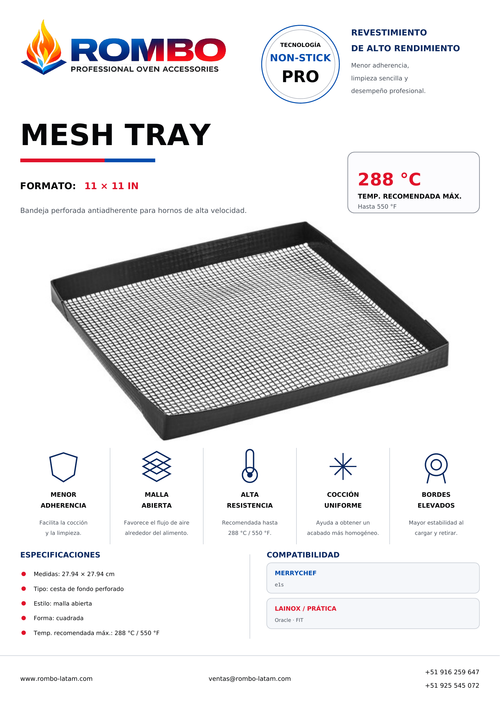 Ficha Mesh Tray 11 x 11 para High Speed Ovens Rombo Latam