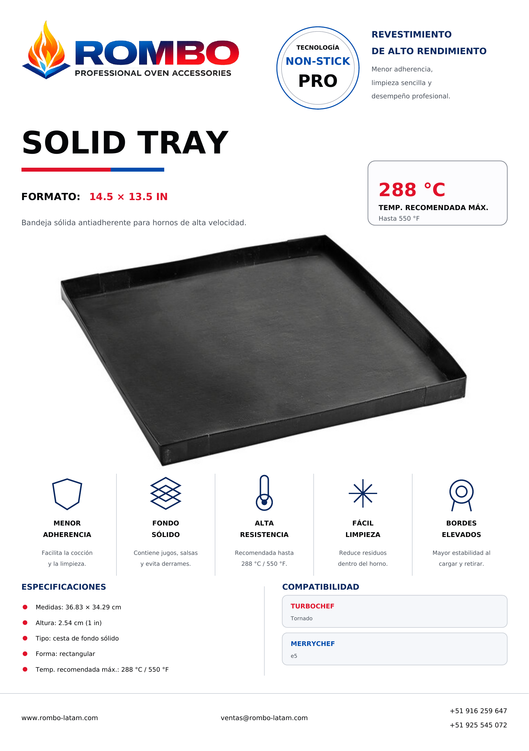 Ficha Solid Tray 14.5 x 13.5 para High Speed Ovens Rombo Latam
