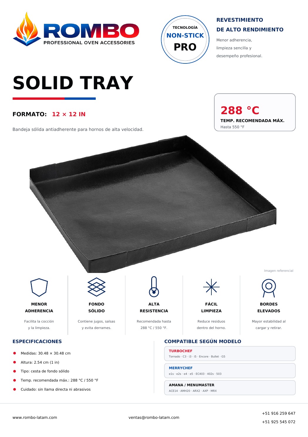 Ficha Solid Tray 12 x 12 para High Speed Ovens Rombo Latam