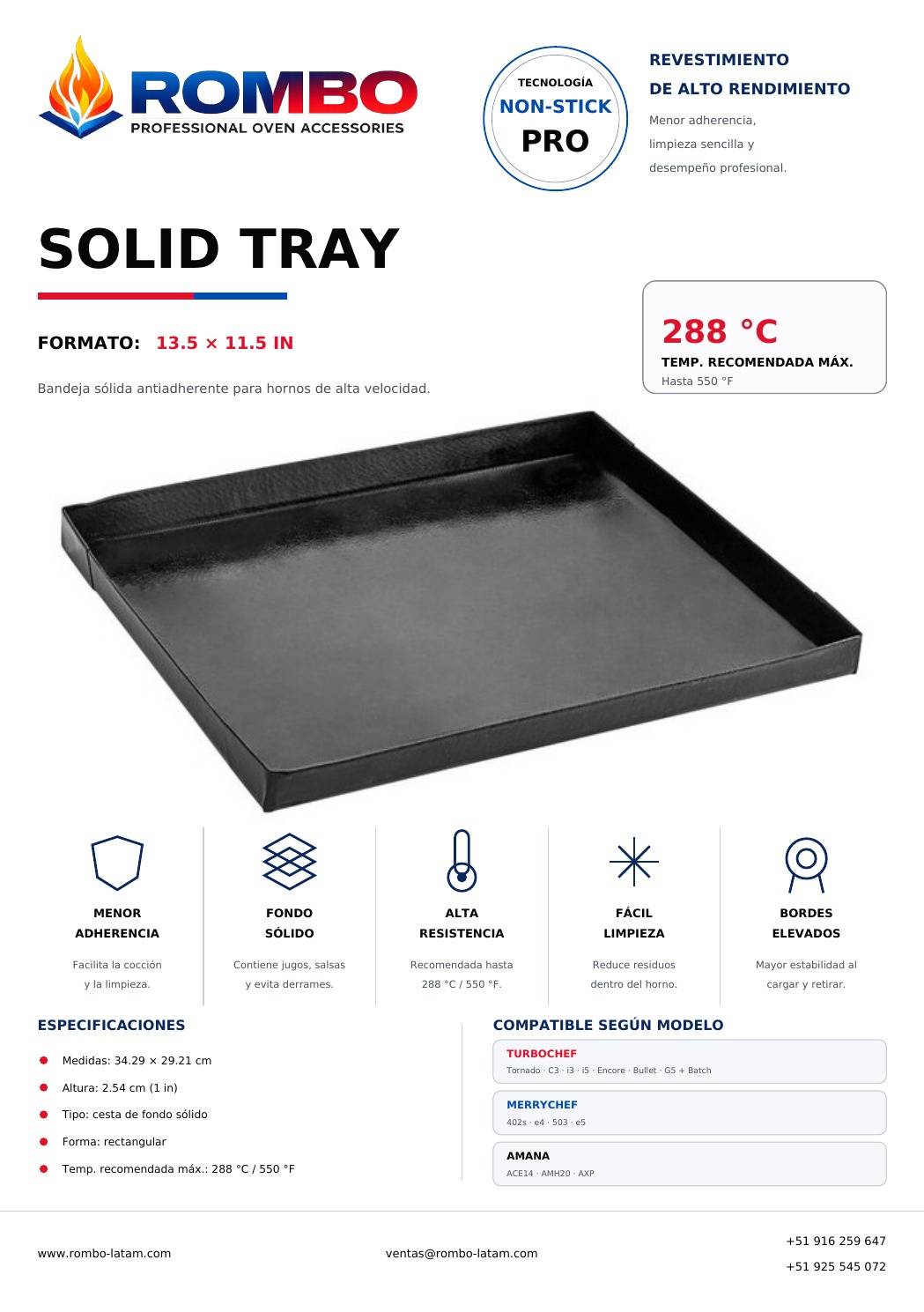 Ficha Solid Tray 13.5 x 11.5 para High Speed Ovens Rombo Latam