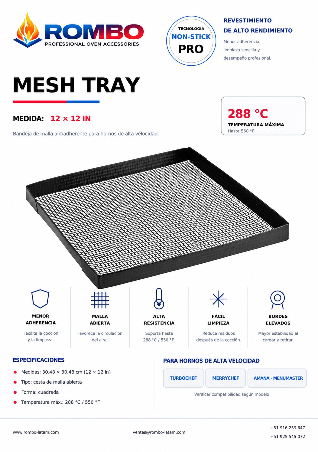 Ficha Mesh Tray 12 x 12 para High Speed Ovens Rombo Latam