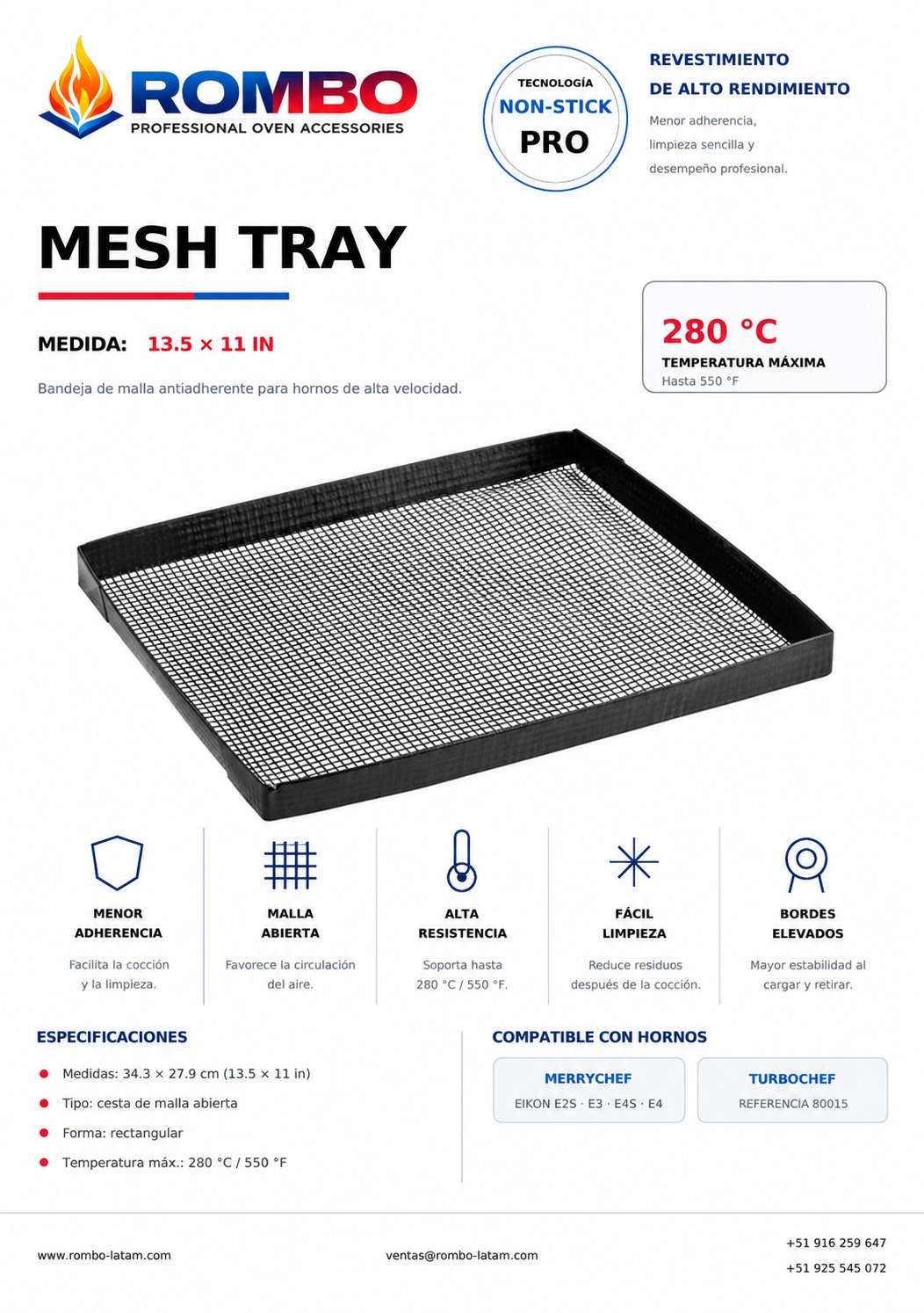 Ficha Mesh Tray 13.5 x 11 para High Speed Ovens Rombo Latam